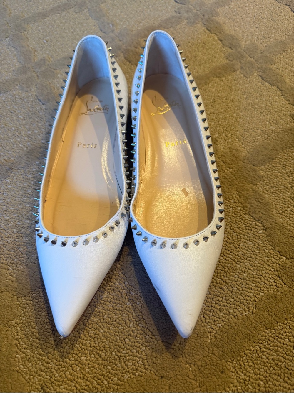 Authentic Christian Louboutin Women's White Pointed Toe Studded Flats